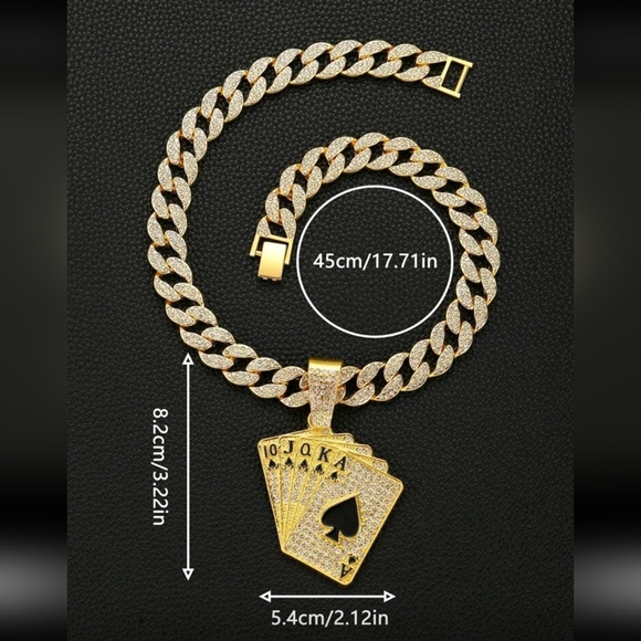 Hip Hop Iced Out Fully Rhinestone Gold Card Pendant & Cuban Chain Necklace 18" - Picture 4 of 13